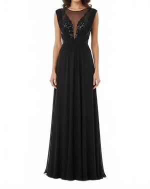 NEW CLIPS sheer illusion v-neckline evening dress in black